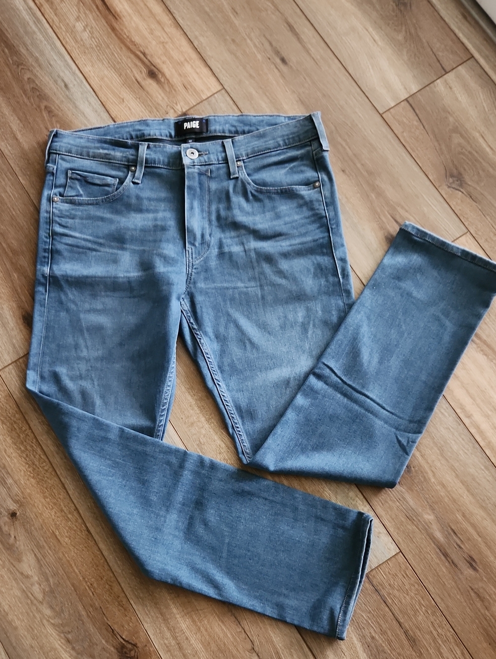 PAIGE Lennox Jeans Straight Leg Relaxed Fit Mid Rise Size 33 Medium Blue Stretch